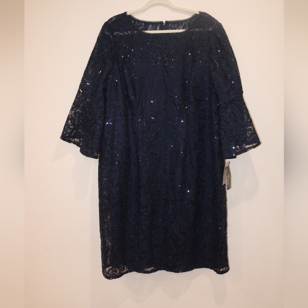 Alex Evenings Plus Size Sequined Lace Sheath Dress - Navy - Picture 2 of 9